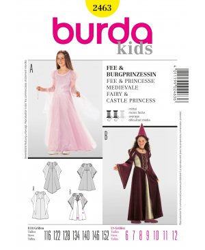 Střih Burda číslo 2463 dětské středověké šaty, šaty pro princeznu / vílu