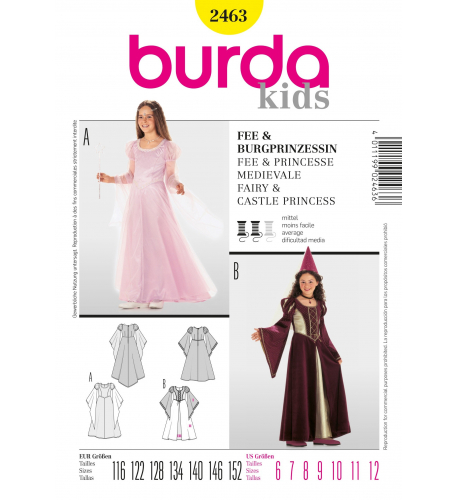 Střih Burda číslo 2463 dětské středověké šaty, šaty pro princeznu / vílu