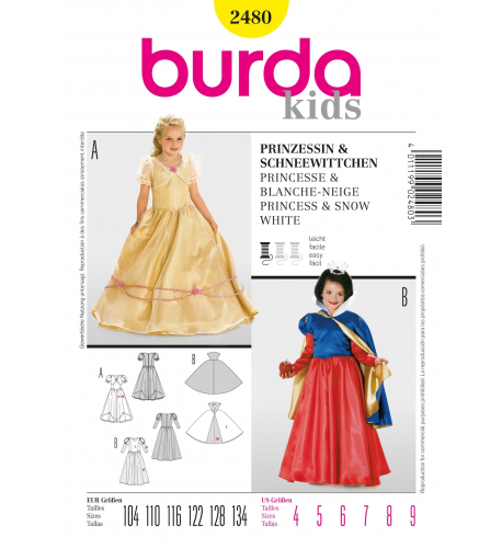Střih Burda číslo 2480 šaty pro princeznu, Sněhurka