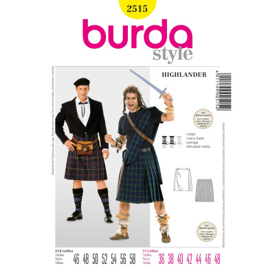 Střih Burda číslo 2515 kilt, Highlander, Skot, William Wallace