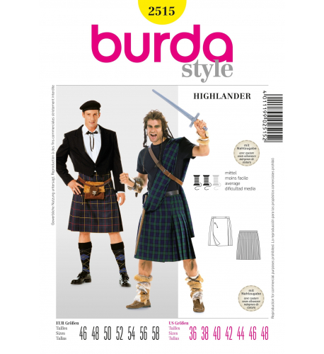 Střih Burda číslo 2515 kilt, Highlander, Skot, William Wallace