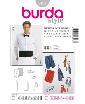 Střih Burda číslo 3403 pánská vesta, kravata, motýlek, šál, smokingový pás