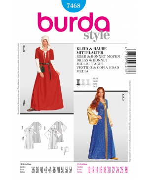 Střih Burda číslo 7468 středověké šaty a čepec
