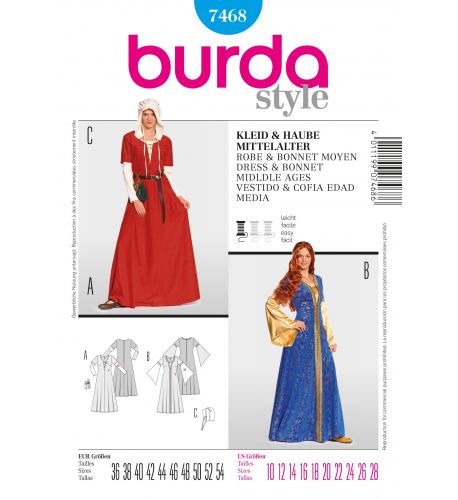 Střih Burda číslo 7468 středověké šaty a čepec