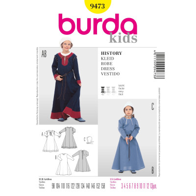 Střih Burda číslo 9473 dětské středověké šaty, čepec