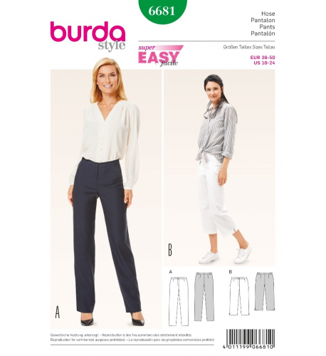 Střih Burda číslo 6681 jednoduché rovné kalhoty, tříčtvrteční kalhoty
