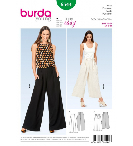 Střih Burda číslo 6544 kalhoty se širokými nohavicemi, široké kalhoty, letní lněné kalhoty