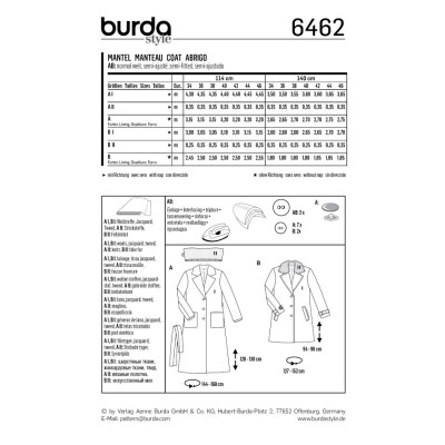 Střih Burda číslo 6462 áčková kabát, dlouhý kabát