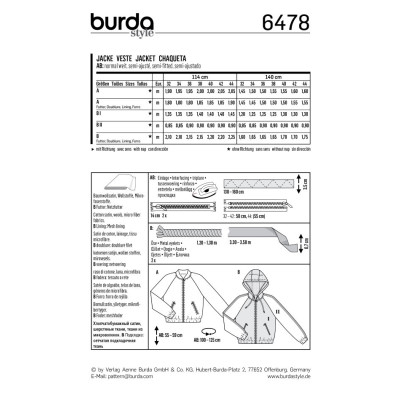 Střih Burda číslo 6478 bomber, bunda s kapucí