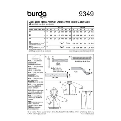 Střih Burda číslo 9349 dětská tepláková souprava, mikina s kapucí, tepláky