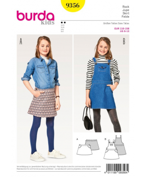 Střih Burda číslo 9356 dětská džínová sukně, laclové šaty, sukně s laclem