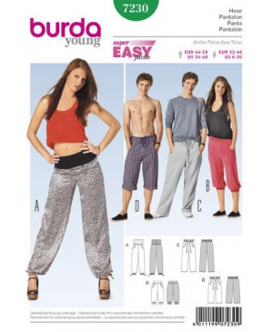 Střih Burda číslo 7230 jednoduché dámské a pánské teplákové kalhoty, tepláky