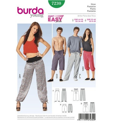 Střih Burda číslo 7230 jednoduché dámské a pánské teplákové kalhoty, tepláky