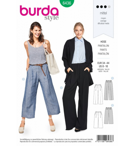 Střih Burda číslo 6436 kalhoty se širokými nohavicemi, letní kalhoty, lněné kalhoty