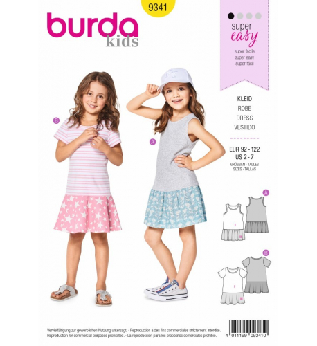 Střih Burda číslo 9341 dětské tričkové šaty, tílkové šaty