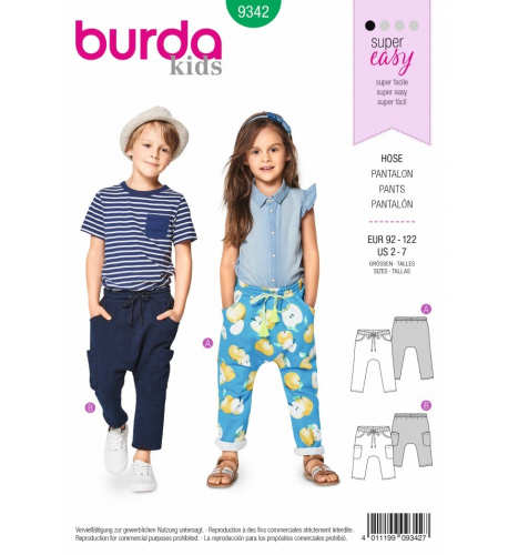 Střih Burda číslo 9342 dětské tepláky s nízkým sedem, kalhoty