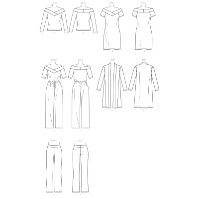 Střih Butterick 6495 overal, šaty, tričko, kardigan, kalhoty