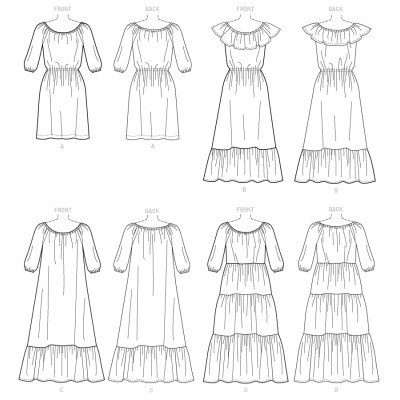 Střih Butterick 6451 halenkové šaty s gumou v pase, dlouhé šaty