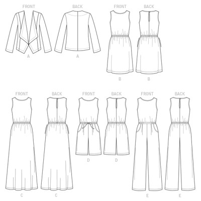 Střih Butterick 6330 šaty bez rukávů s gumou v pase, overal, blejzr