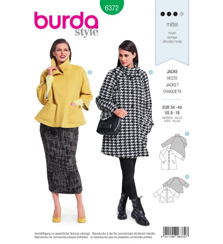 Střih Burda číslo 6372 áčkový kabát, kabát s vysokým límcem, krátký kabát
