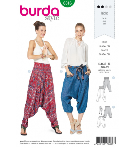 Střih Burda číslo 6316 harémové kalhoty, turecké kalhoty