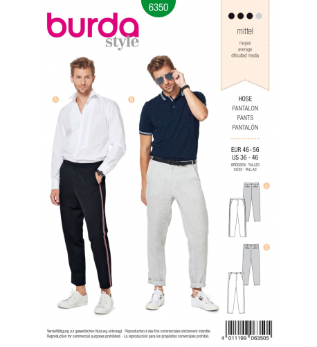 Střih Burda číslo 6350 pánské kalhoty s lampasem, pánské letní kalhoty