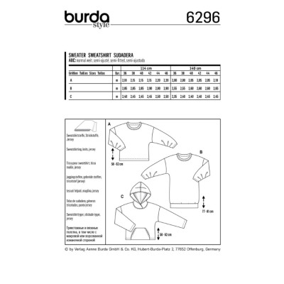 Střih Burda číslo 6296 mikina, mikina s kapucí, dlouhá mikina, svetr
