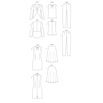 Střih Butterick 6718 sako, kalhoty, top, pouzdrové šaty, zvonová sukně