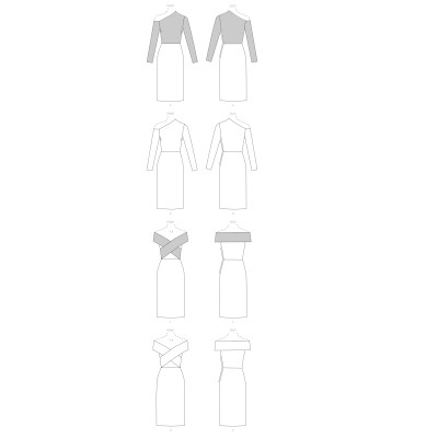 Střih Vogue 1674 šaty s nahými rameny, úpletové šaty na jedno rameno, midi šaty