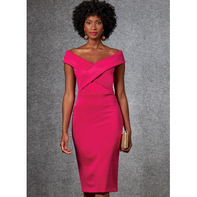 Střih Vogue 1674 šaty s nahými rameny, úpletové šaty na jedno rameno, midi šaty