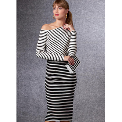 Střih Vogue 1674 šaty s nahými rameny, úpletové šaty na jedno rameno, midi šaty