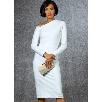 Střih Vogue 1674 šaty s nahými rameny, úpletové šaty na jedno rameno, midi šaty