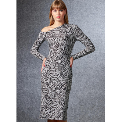 Střih Vogue 1674 šaty s nahými rameny, úpletové šaty na jedno rameno, midi šaty