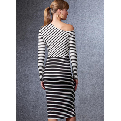 Střih Vogue 1674 šaty s nahými rameny, úpletové šaty na jedno rameno, midi šaty