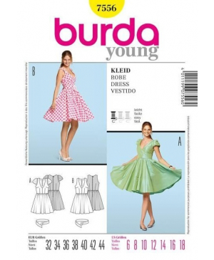 Střih Burda číslo 7556 šaty s kolovou sukní, retro šaty
