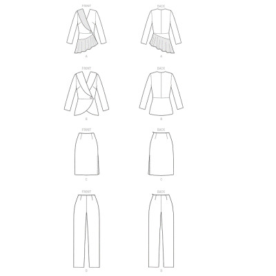 Střih Butterick 6739 kostýmek, zavinovací sako, sukně, kalhoty