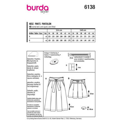 Střih Burda číslo 6138 culottes, šortky s vysokým pasem