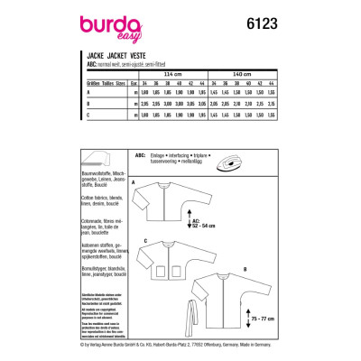Střih Burda číslo 6123 otevřené sako bez límce, delší sako