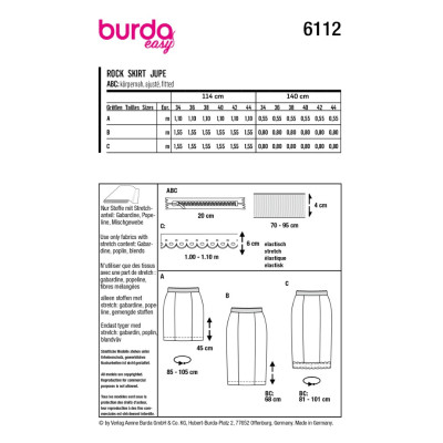 Střih Burda 6112, návod na šití: pouzdrová sukně s pružným pasem