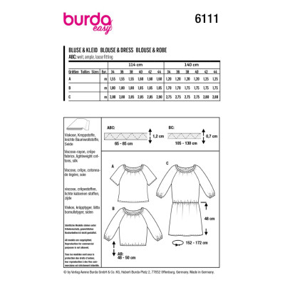Střih Burda 6111, návod k šití: halenka s výstřihem Carmen, halenkové šaty s gumou v pase