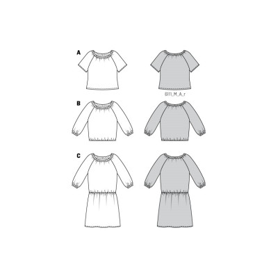 Střih Burda 6111, návod k šití: halenka s výstřihem Carmen, halenkové šaty s gumou v pase