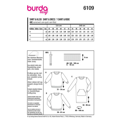 Střih Burda 6109, návod k šití: mikina, mikinové šaty