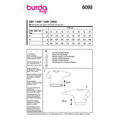Střih Burda 6098, návod k šití: volné tričko se 3/4 rukávem pro plnoštíhlé