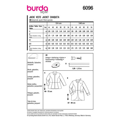 Střih Burda 6096, návod k šití: sako peplum pro plnoštíhlé dlouhé sako