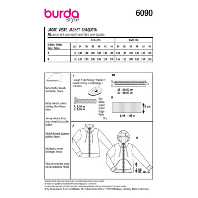 Střih Burda 6090, návod k šití: mikina na zip s kapucí, mikina s vysokým límcem