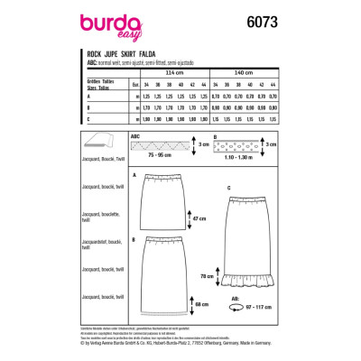 Střih Burda 6073, návod k šití: rovná sukně s gumou v pase