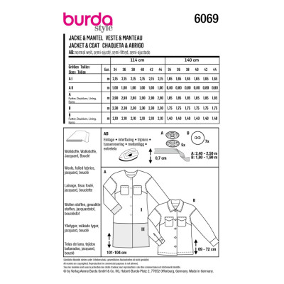 Střih Burda 6069, návod k šití: kabát bez límce s barevnými bloky, sako