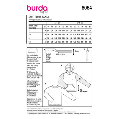 Střih Burda 6064, návod k šití: pánské tričko s dlouhým rukávem, mikina s kapucí