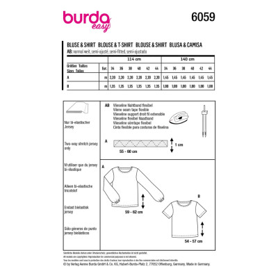 Střih Burda 6059, návod k šití: halenka, tričko