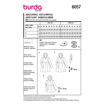 Střih Burda 6057, návod k šití: áčkový kabát s kapucí, krátký kabát